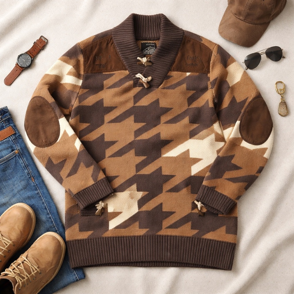 Born Fly XL Houndstooth Toggle Sweater | Streetwear Heritage Shawl Collar